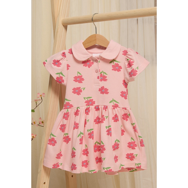 Infant Girls Pink With Floral Print Pique Dress