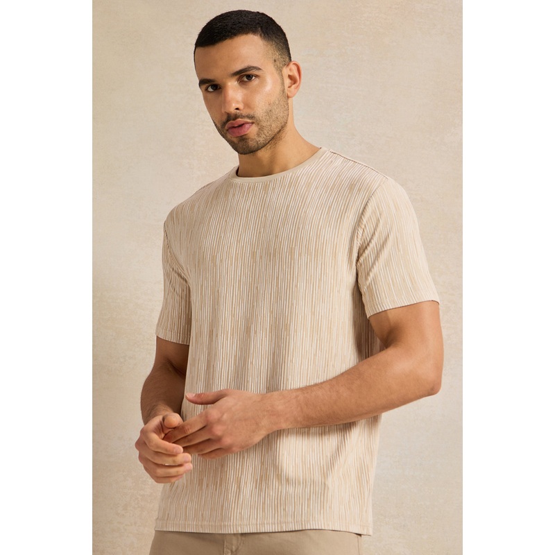 Men Beige Jacquard T-Shirt|Small|Medium|Large|X-Large|XX-Large