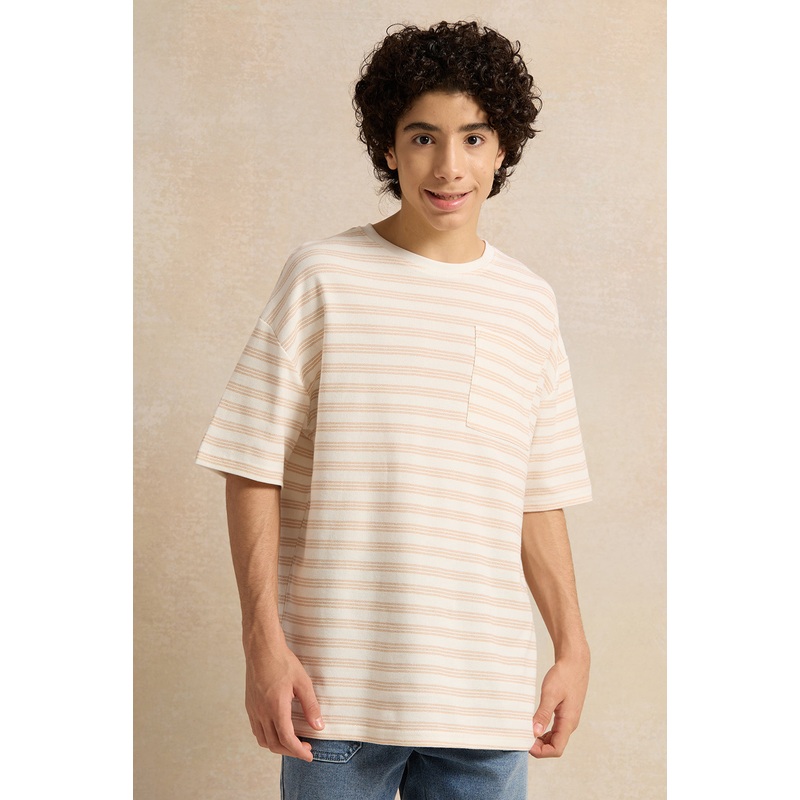 Senior Boys Beige Stripe Jacquard Oversize T-shirt