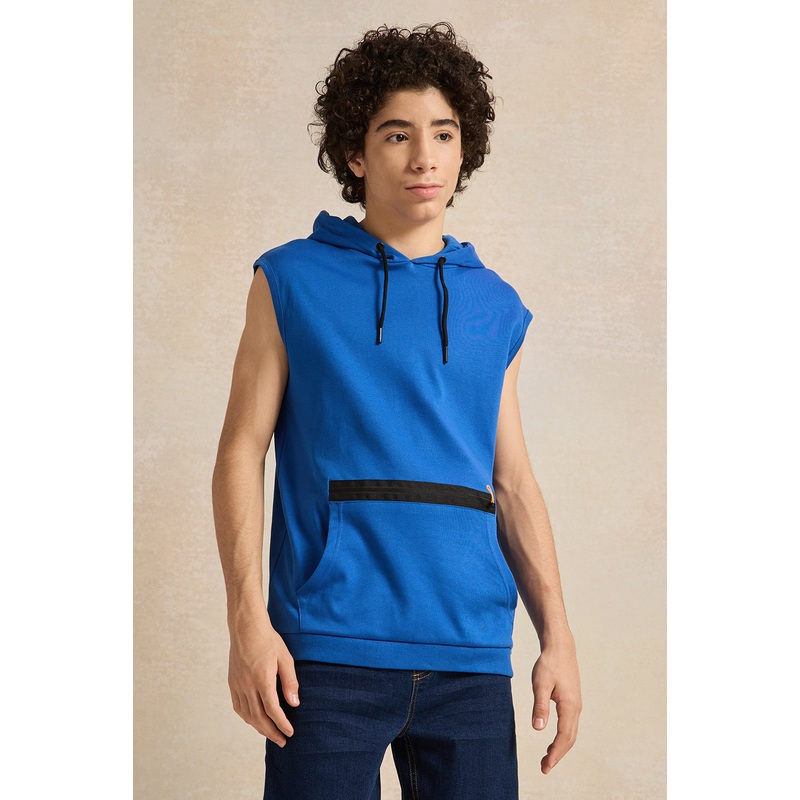 Senior Boys Blue Sleeveless Kangaroo Zip Pocket Hooded T-shirt