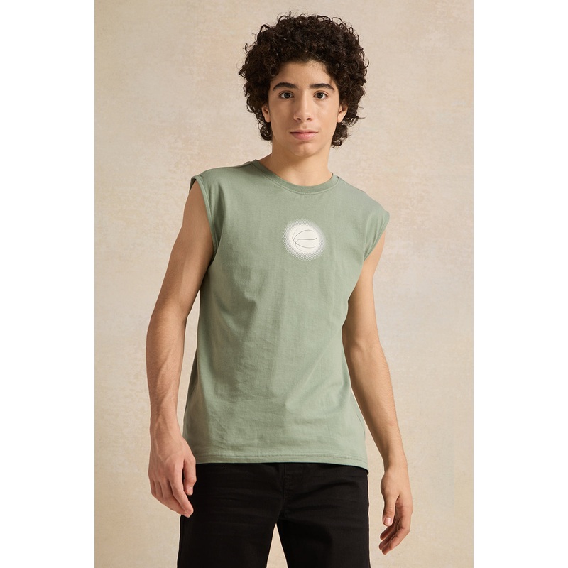 Senior Boys Mint Printed Sleeveless T-Shirt
