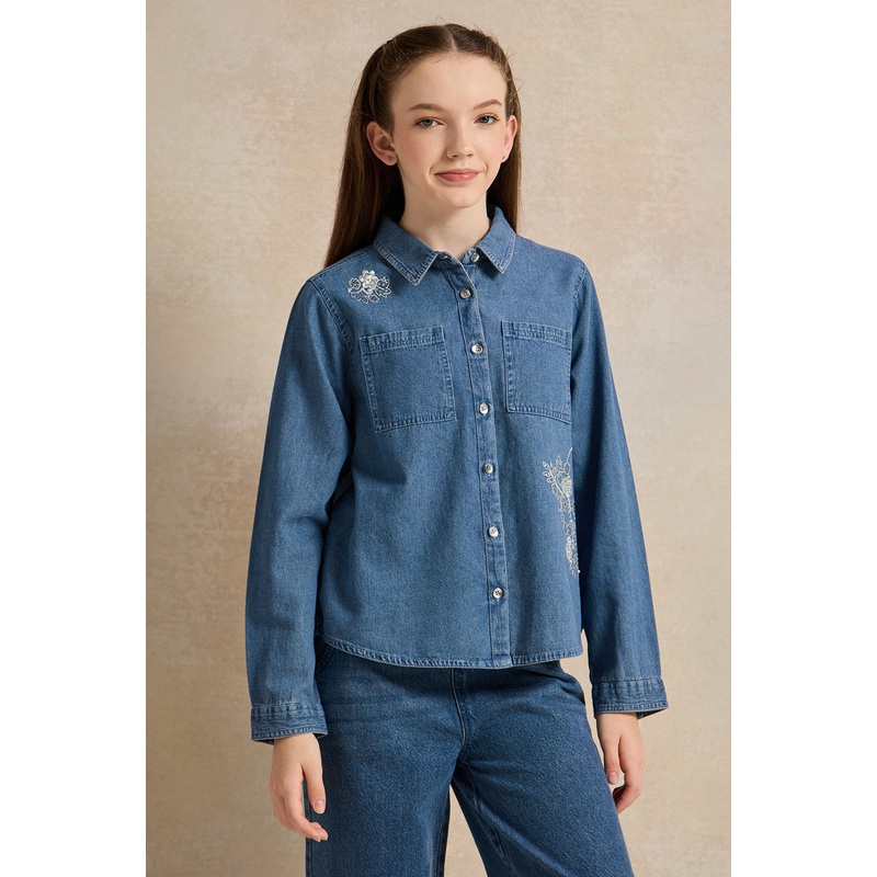 Senior Girls Blue Denim Shirt|8-9 Yrs (S)|9-10 Yrs (M)|11-12 Yrs (L)|13-14 Yrs (XL)|15-16 Yrs (XL)