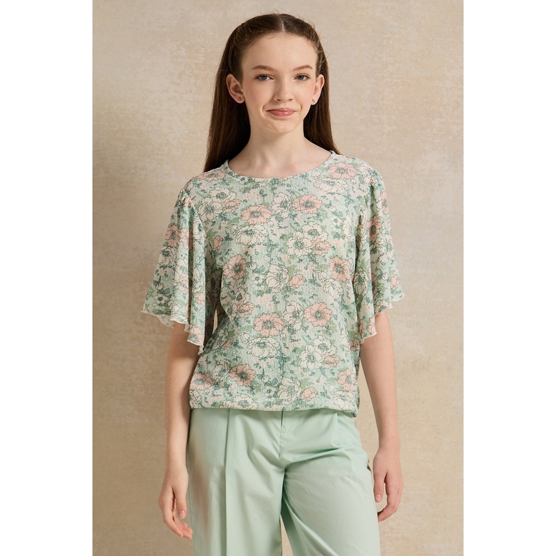 Senior Girls Green Floral Ruffled Sleeve Top