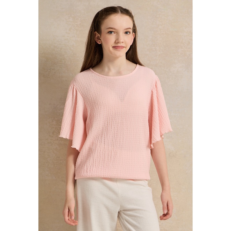 Senior Girls Pink Ruffled Sleeve Top