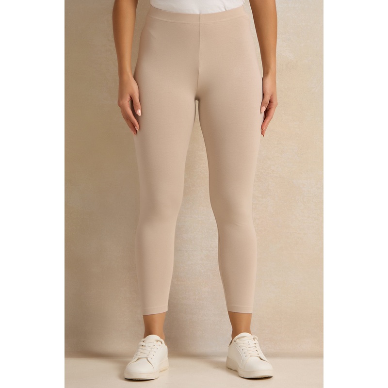 Women Beige Plain Leggings Set (Pack Of 2)