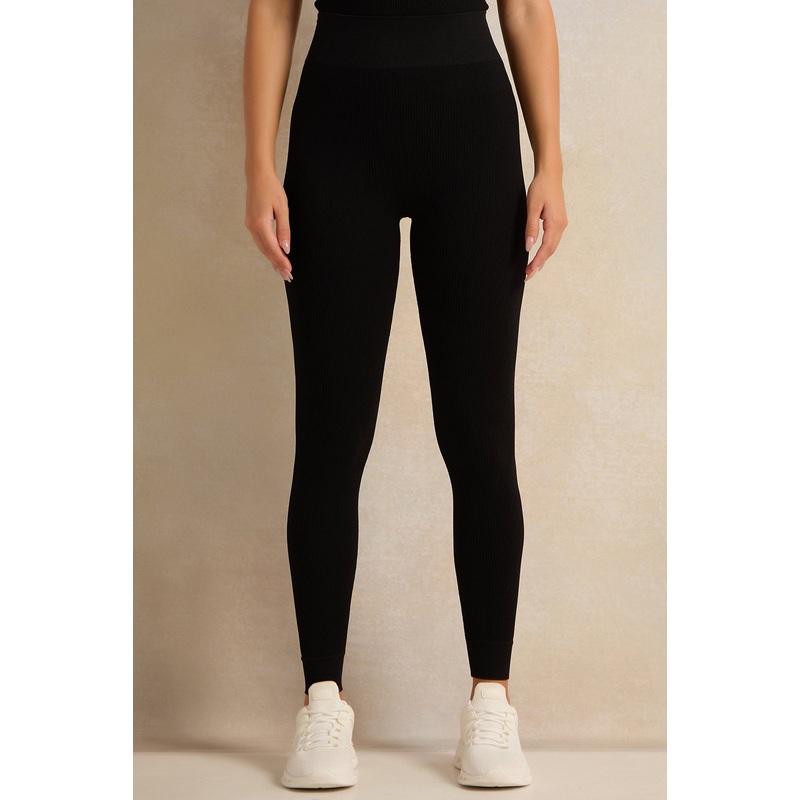Women Black Ribbed Active Leggings