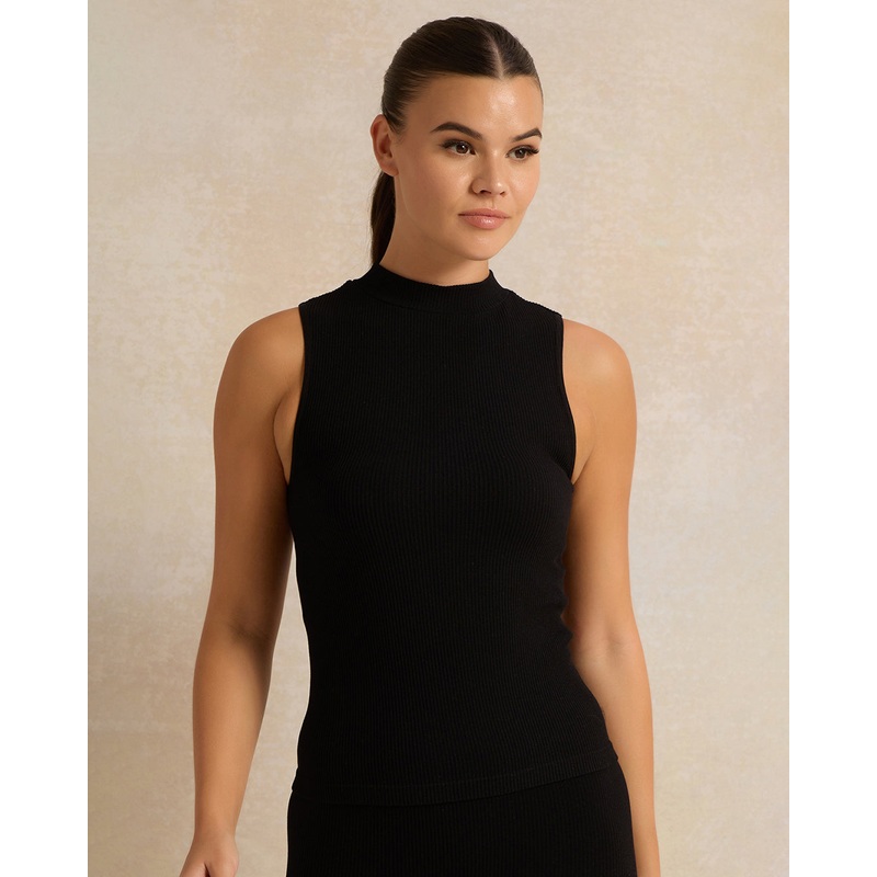 Women Black Ribbed Seam Less High Neck Vest