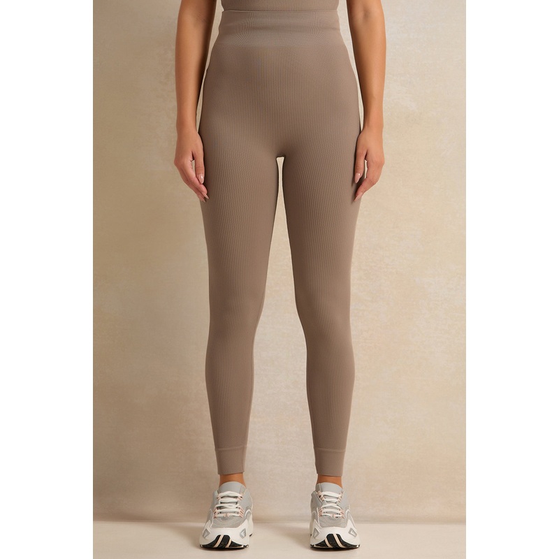 Women Brown Ribbed Active Leggings