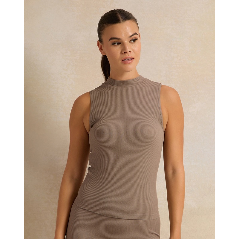 Women Brown Ribbed Seam Less High Neck Vest