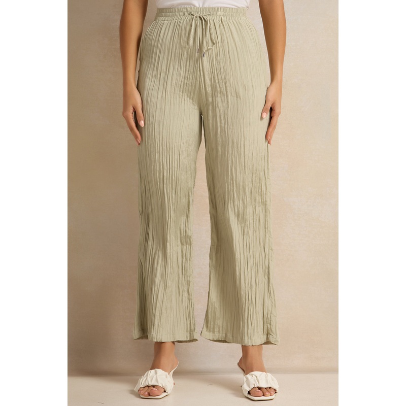 Women Mint Crinkle Flared Trousers