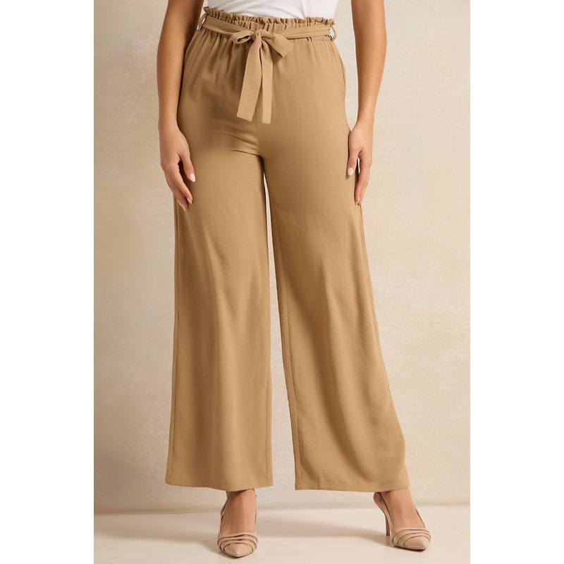 Women Tan Belted Flared Trousers