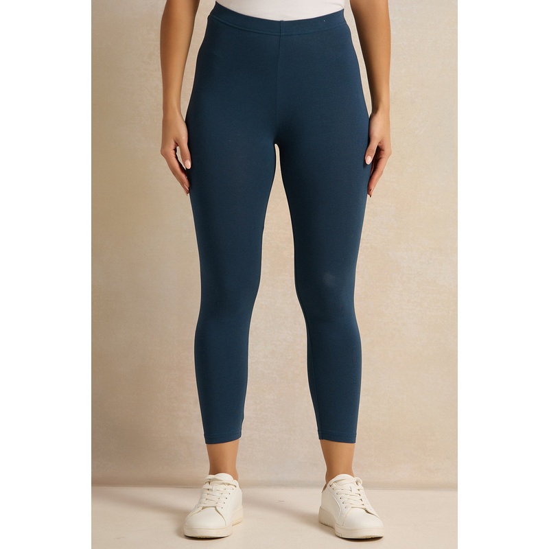 Women Teal Plain Leggings Set (Pack Of 2)