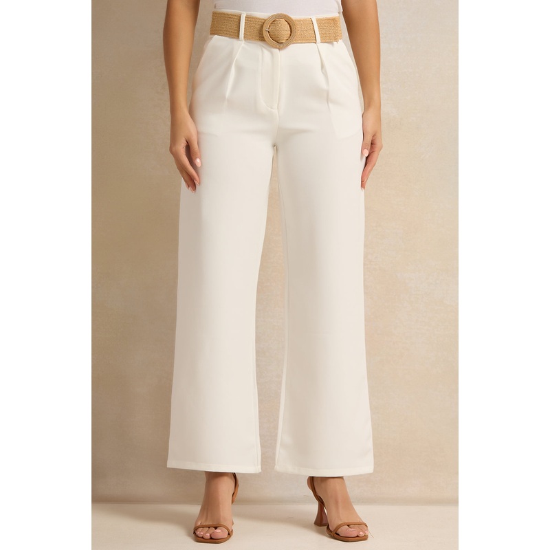 Women White Belted Straight Fit Trousers