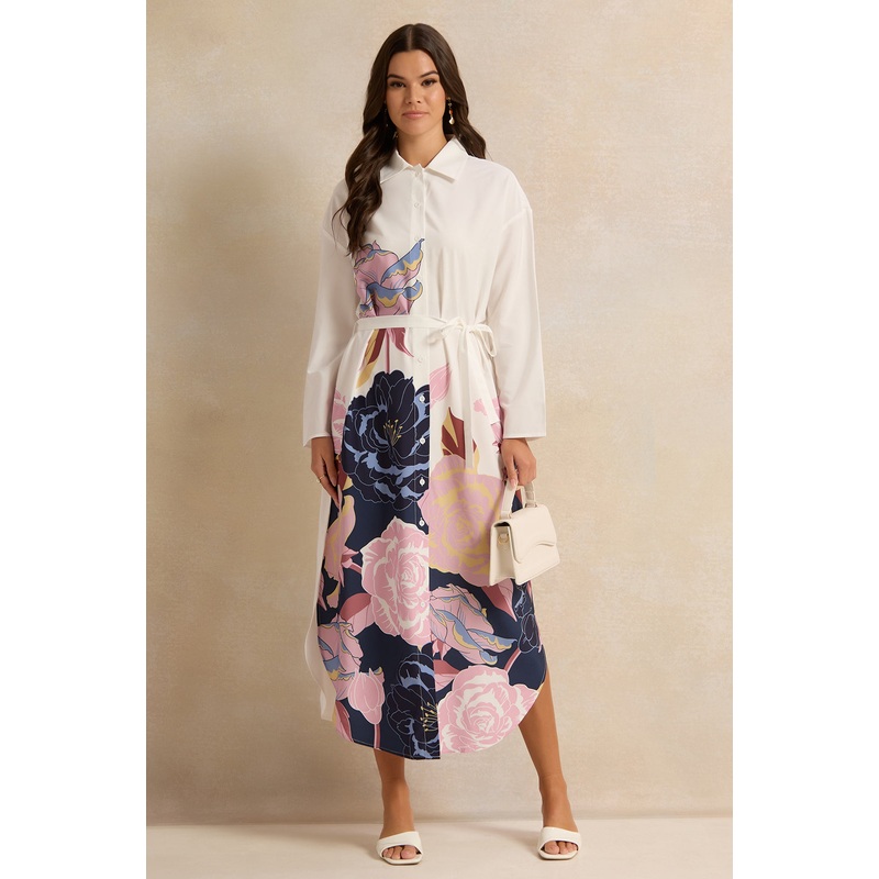 Women White Printed Belted Shirt Dress