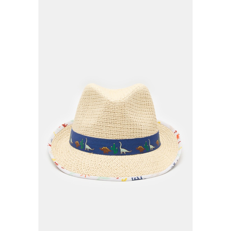Boys Beige Dino Print Fedora Hats With Band