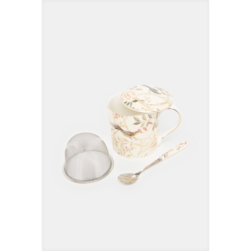 Cream Floral Printed Mug Set (4 Piece)