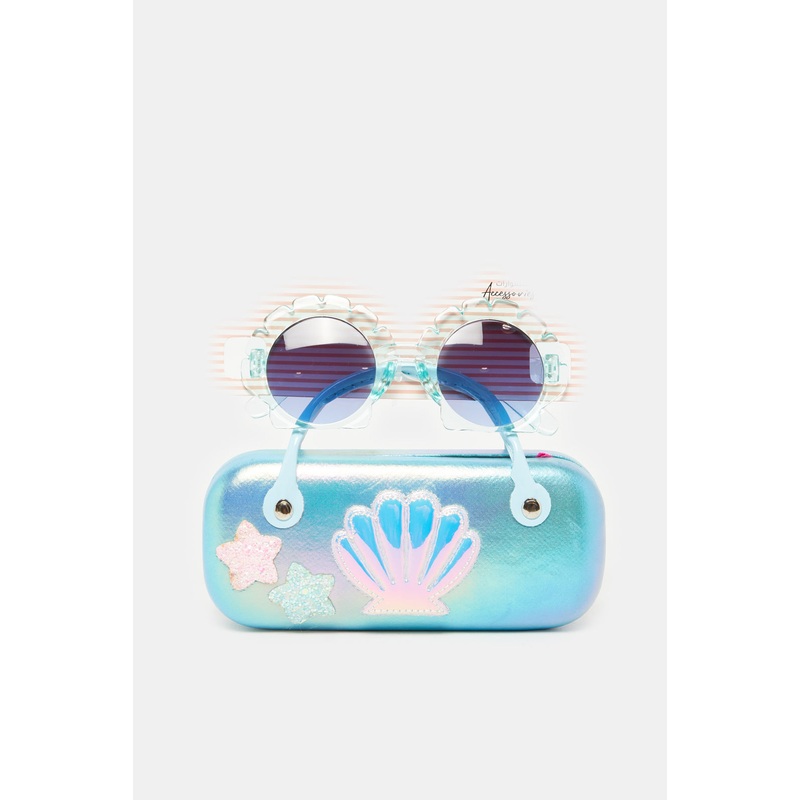 Girls Blue Round Sunglasses With Embellished Case