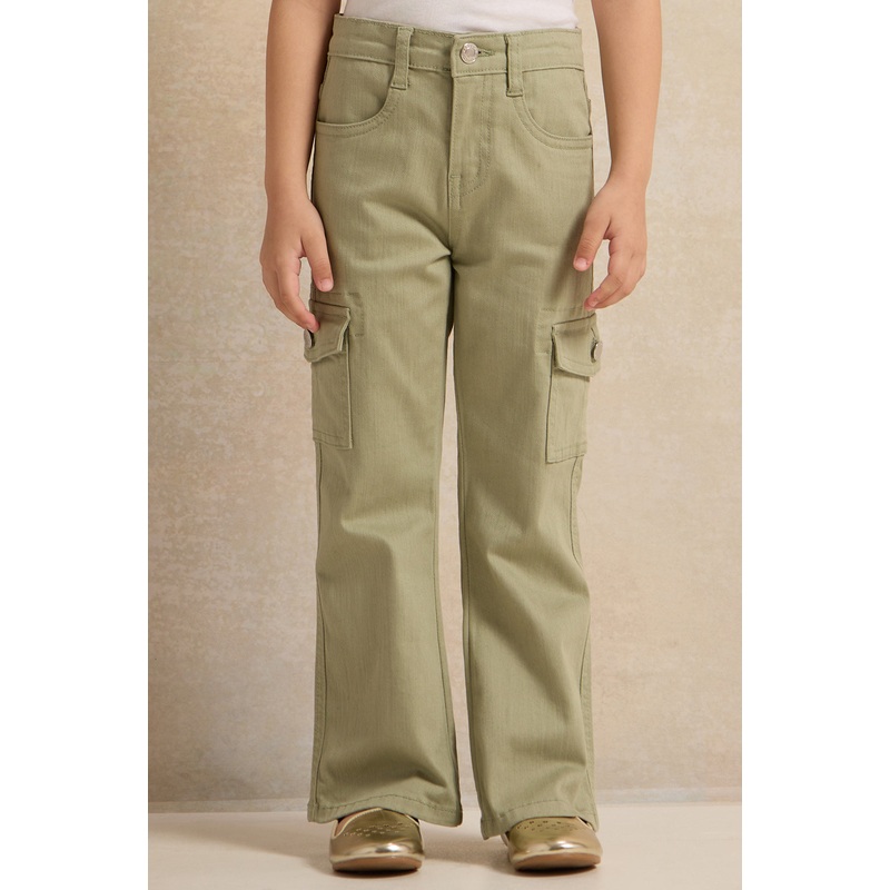 Girls Olive Cargo Pocket Flared Jeans