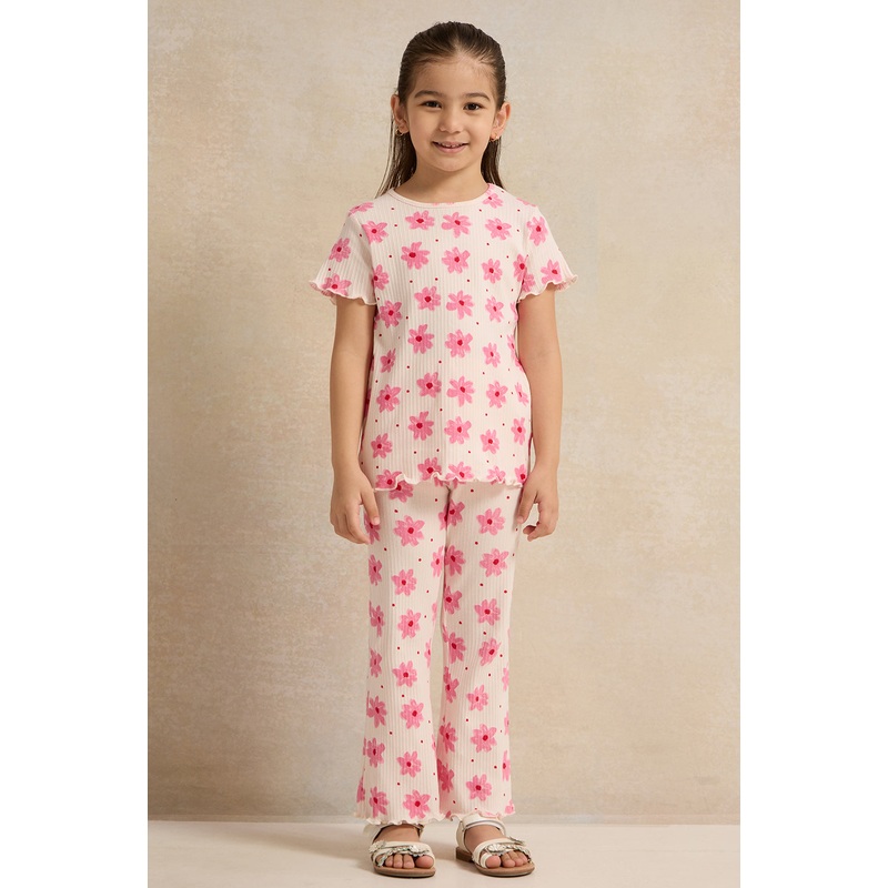 Girls Pink Flower Printed Casual Set (2 Piece)