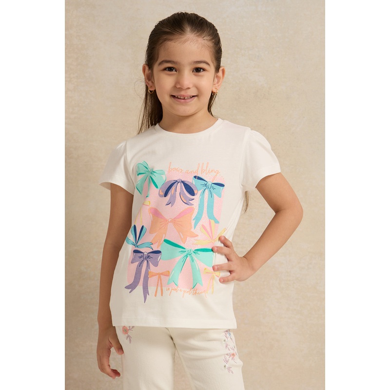 Girls White Bow Printed T-Shirt