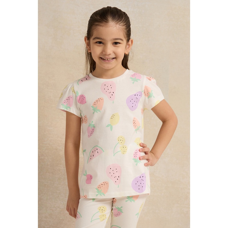 Girls White Fruits Printed T-Shirt