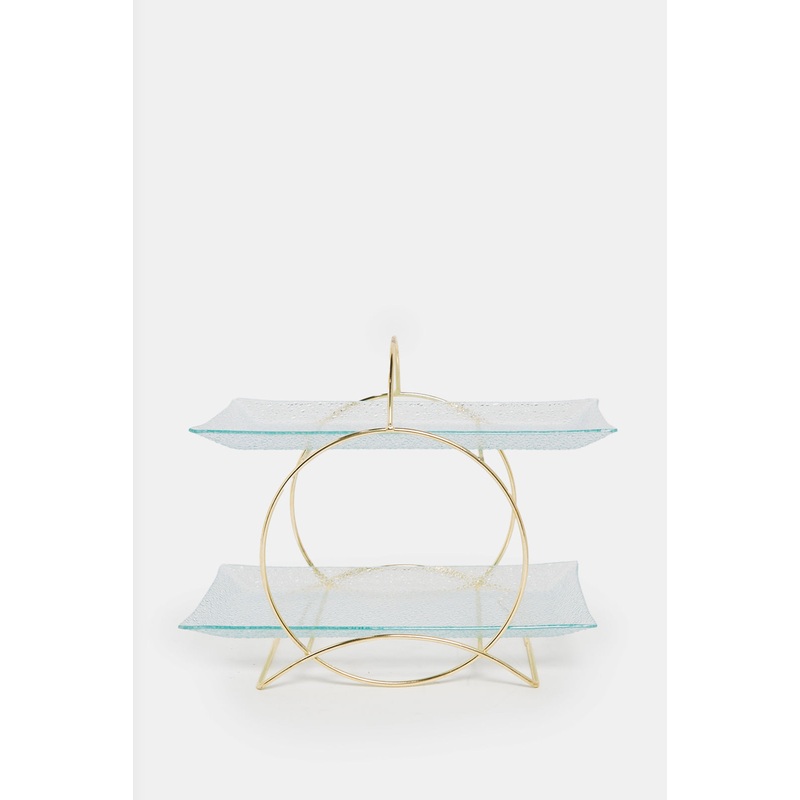 Gold Glass 2-Tier Serving Tray With Stand (3 Piece)