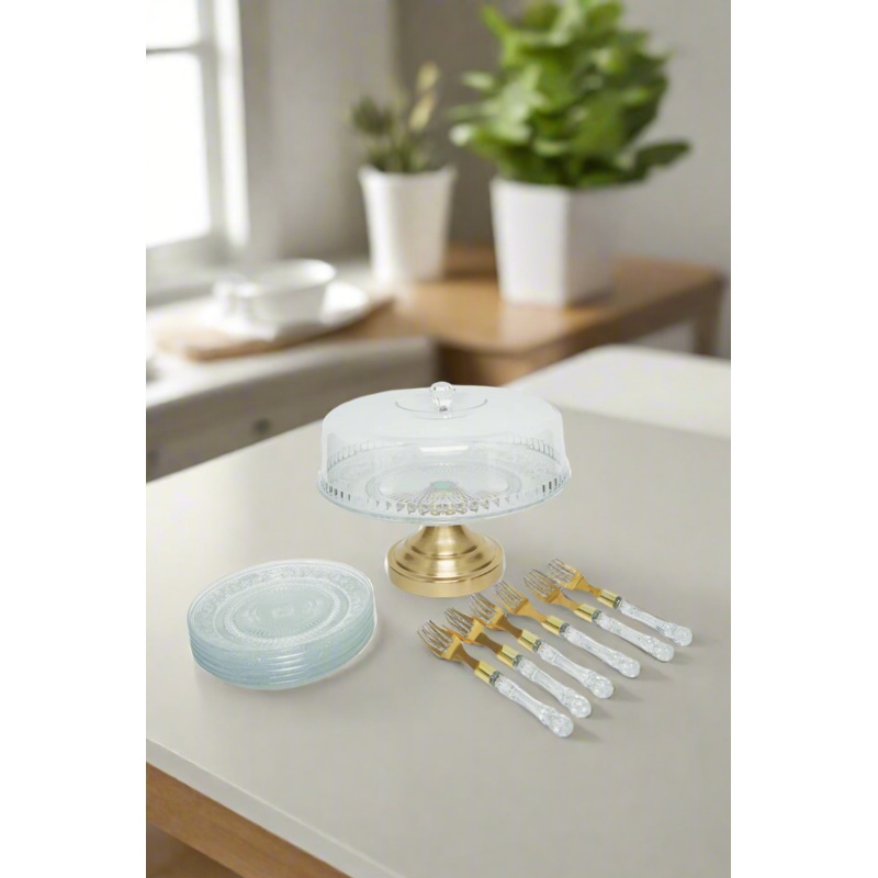 Gold Glass Cake Serving Set (14 Piece)