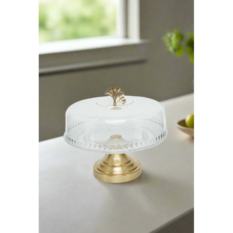 Gold Glass Cake Stand With Dome (2 Piece)