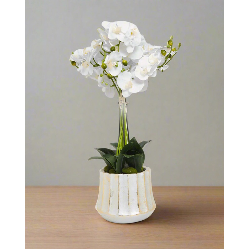 White Artificial Orchid Flower In Ceramic Vase