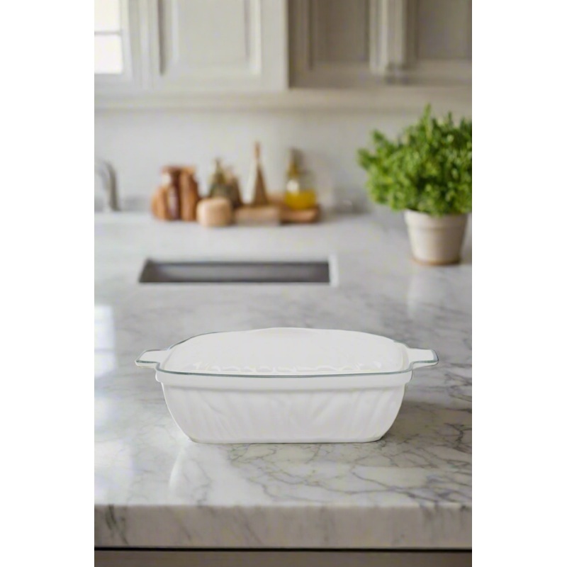 White Porcelain Embossed Rectangle Dish With Lid