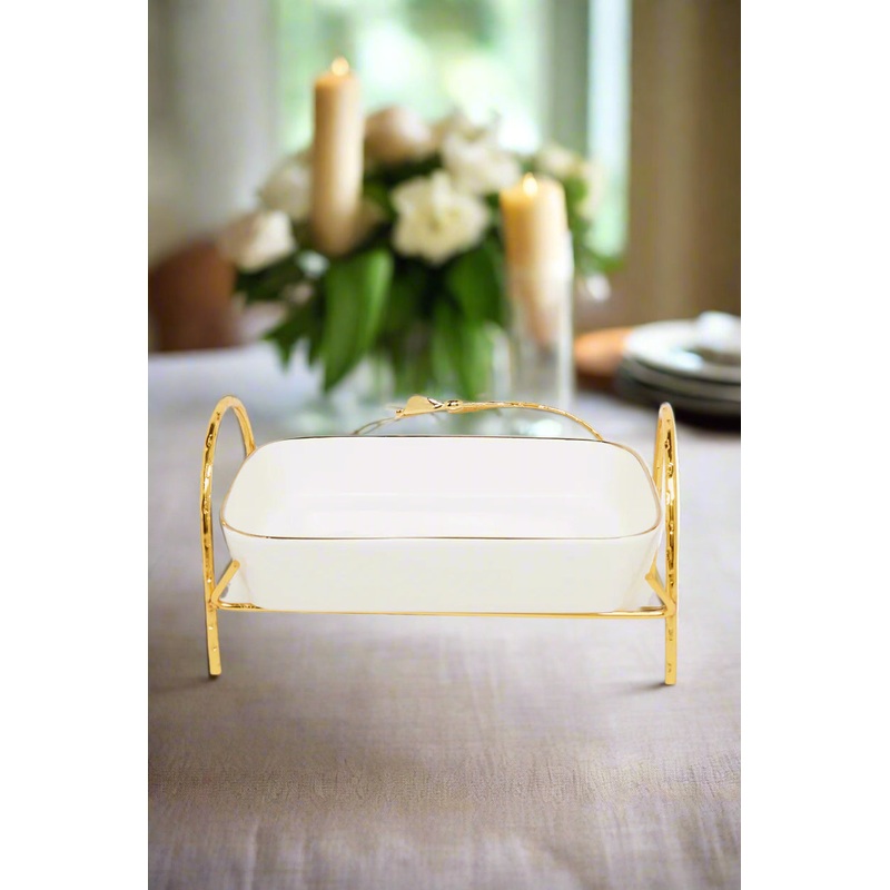 White Square Dish With Gold Metal Stand