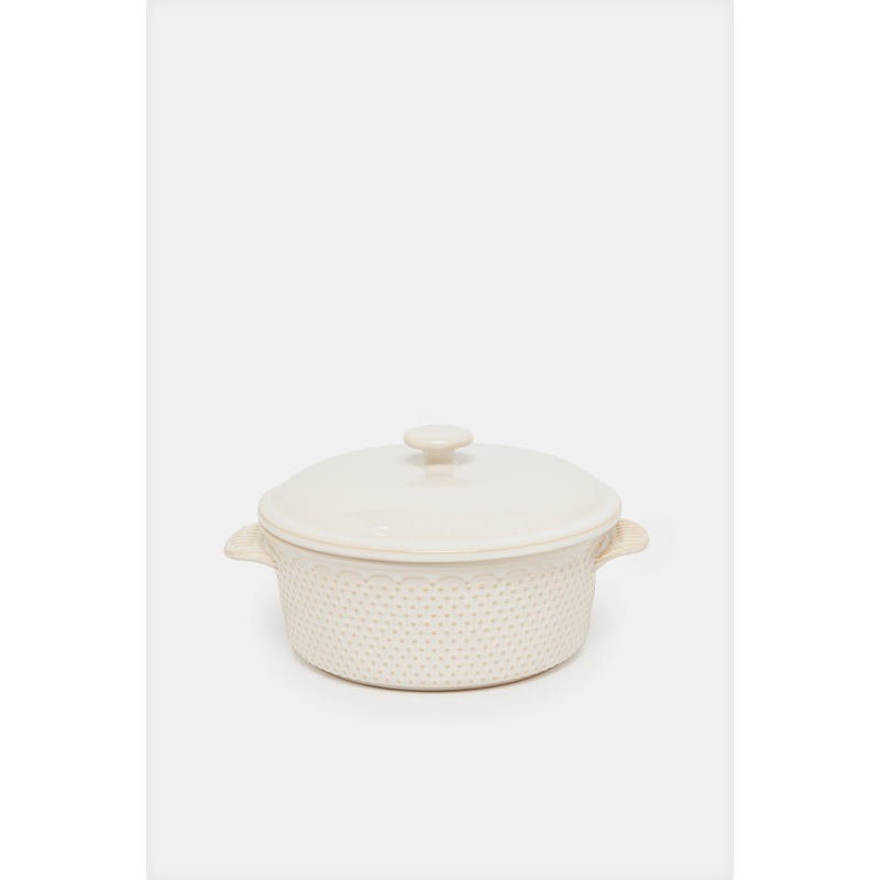 White Textured Round Casserole With Lid