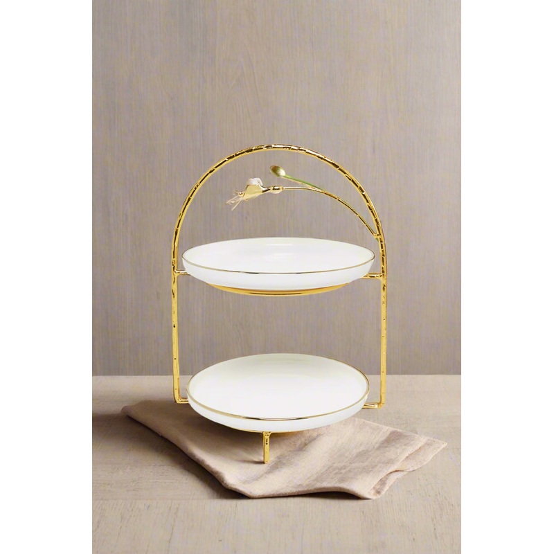 White Two Tier Cake Stand With Gold Metal Stand