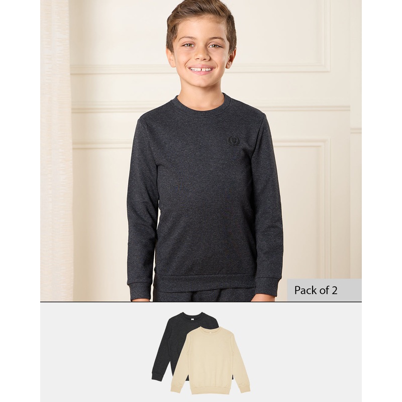 Boys Beige And Charcoal Solid Sweatshirt Set (2 Piece)