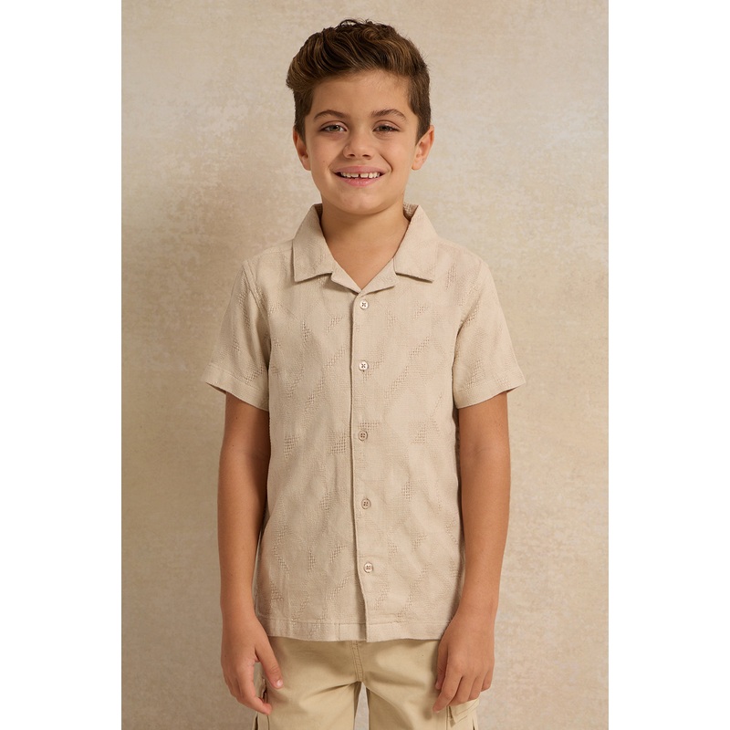 Boys Beige Jacquard Short Sleeve Shirt