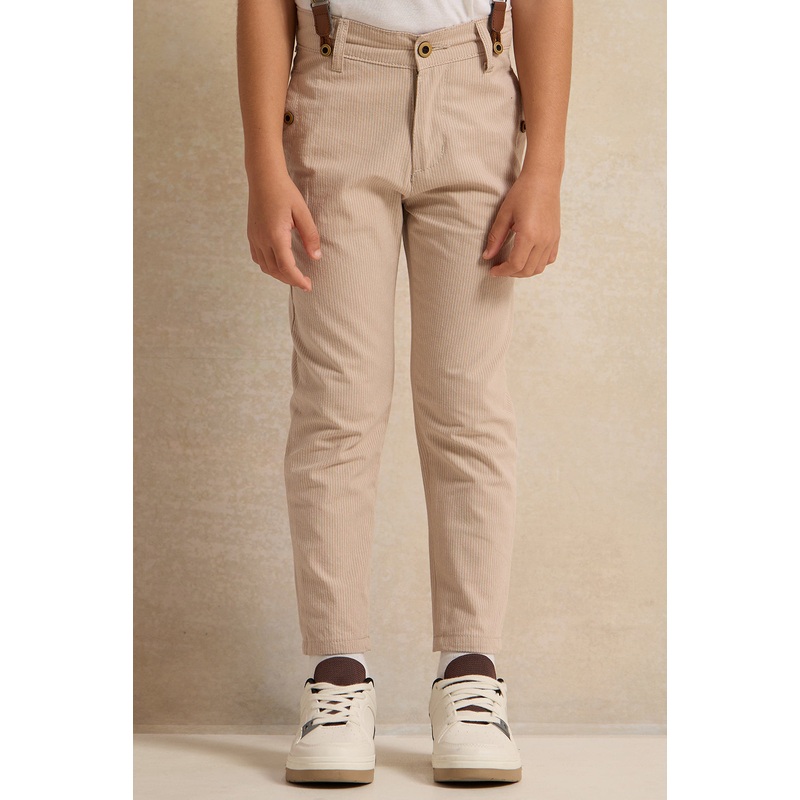 Boys Beige Striped Trousers With Suspender
