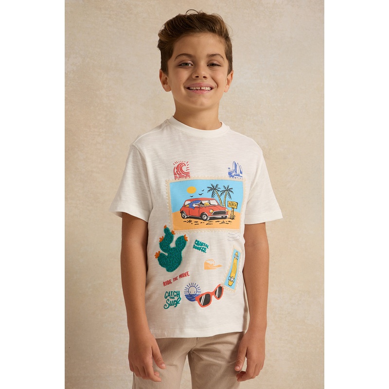 Boys Cream Summer Trip Embroidered T-Shirt