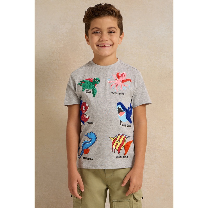 Boys Grey Embroidered T-Shirt|2-3 Years|3-4 Years|4-5 Years|5-6 Years|6-7 Years|7-8 Years