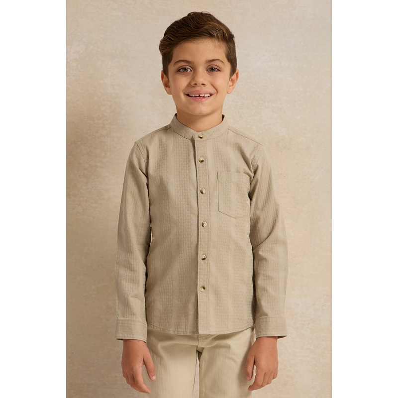 Boys Olive Jacquard Mandarin Collar Shirt