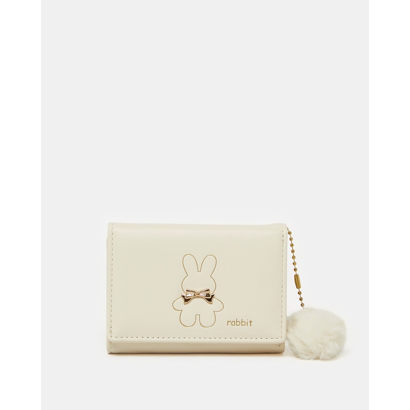 Girls Beige Rabbit Wallet With Pompom