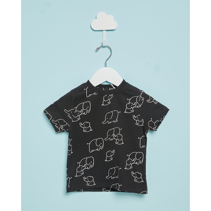 Infant Boys Black Elephant Printed T-Shirt