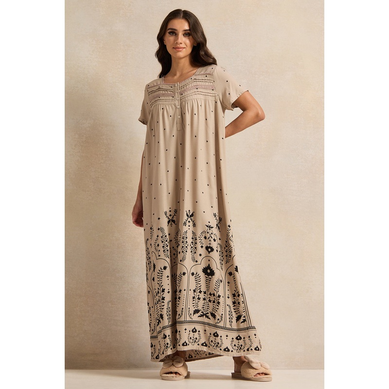 Women Beige Printed Lace Nightgown