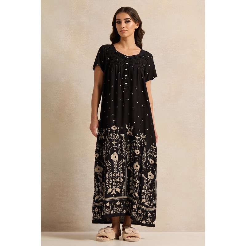 Women Black Printed With Lace Nightgown