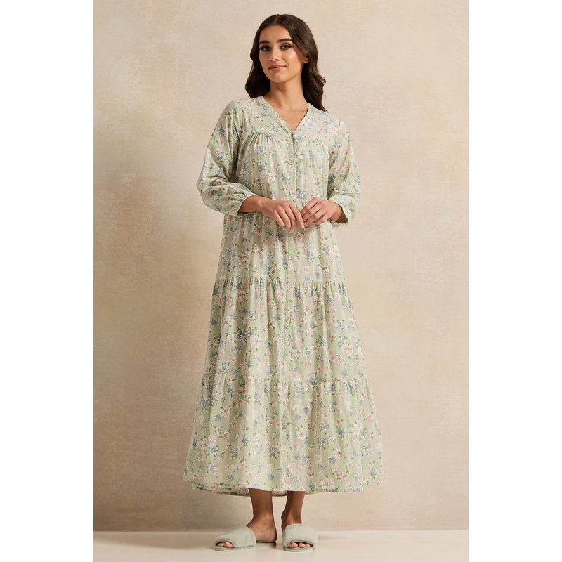 Women Green Floral Tiered Nightgown