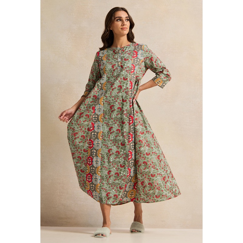 Women Green Printed 3/4 Sleeve Nightgown