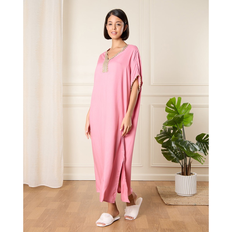 Women Pink Embellished Kaftan Nightgown