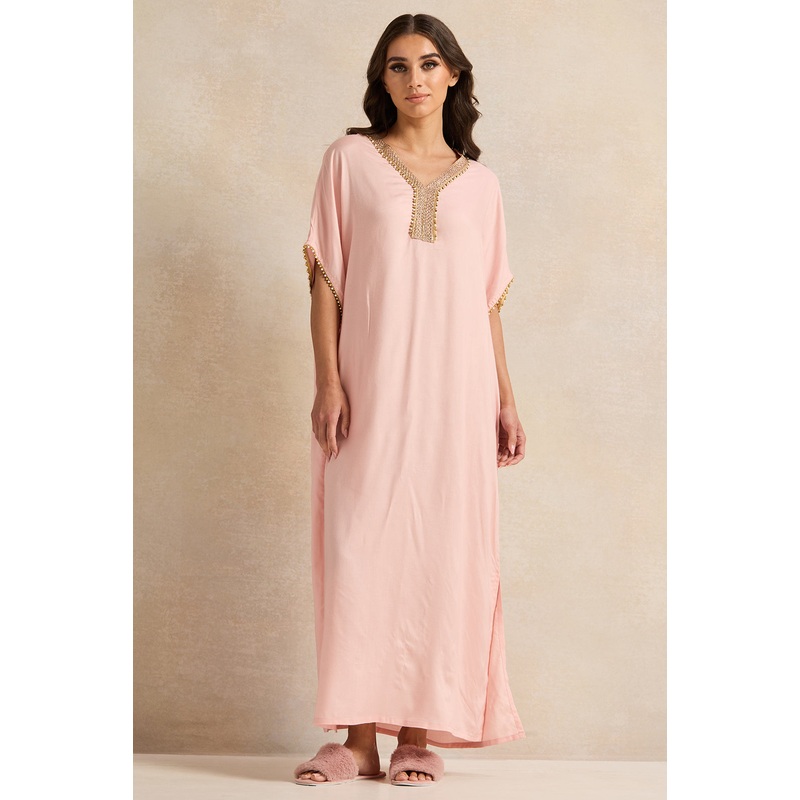 Women Pink Embellished Neck Lace Nightgown