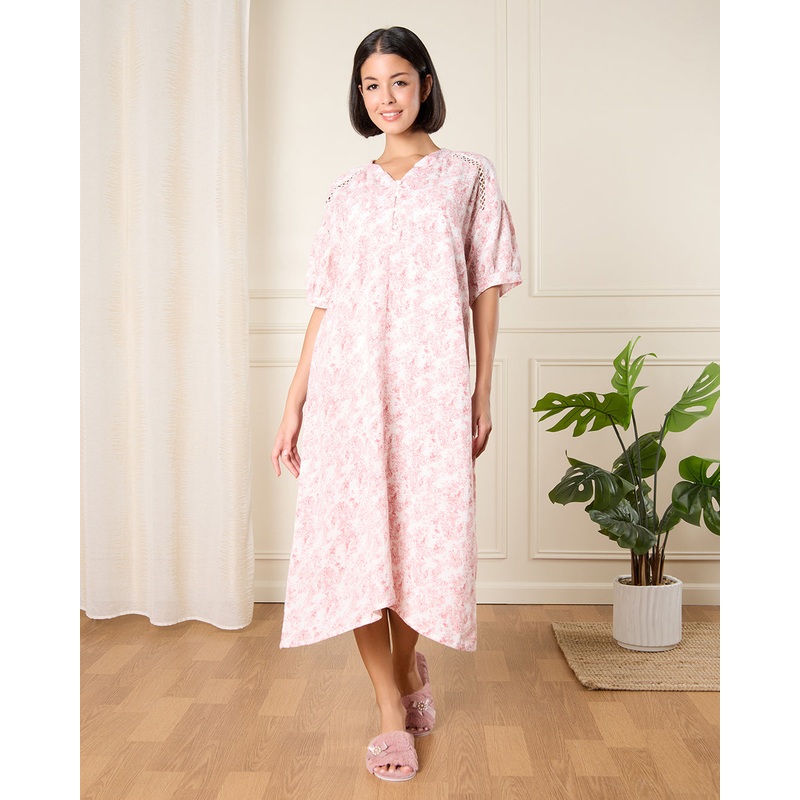 Women Pink Print Nightgown With Chest Trimming