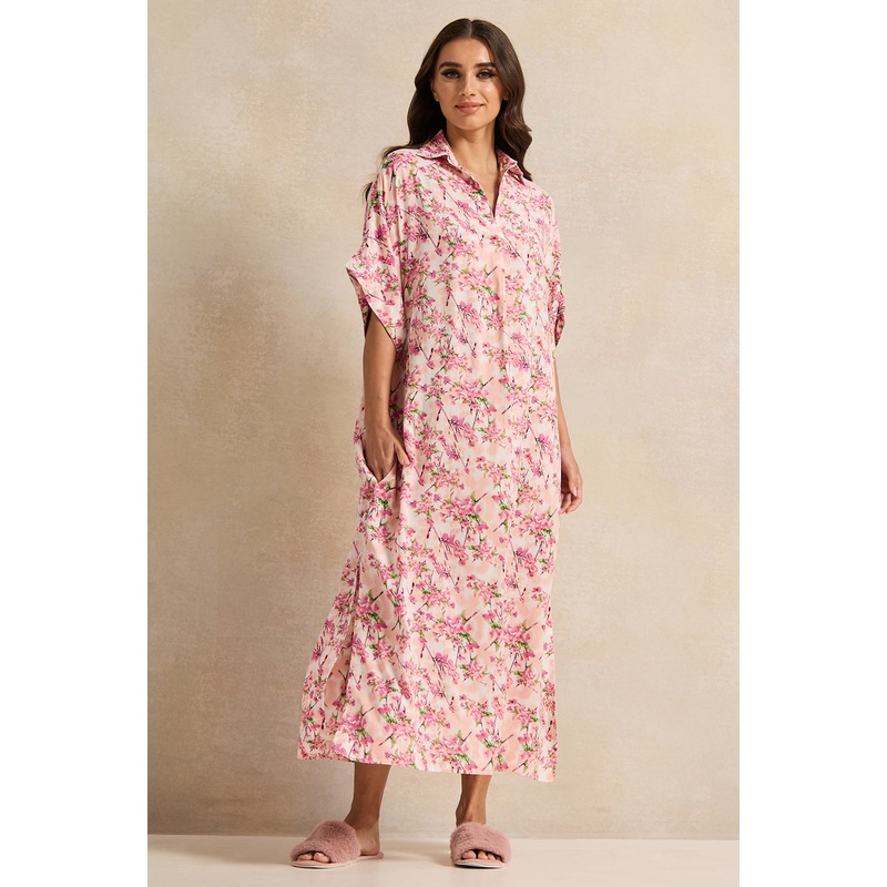 Women Pink Printed Kaftan Short Sleeve Nightgown