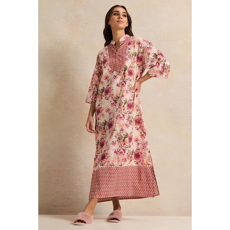 Women Red Floral With Abstract Neckline Printed Nightgown